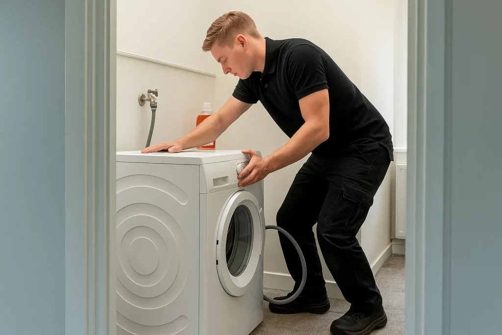 Verhuizer werkend in huis van klant om wasmachine van klant te verhuizen. 